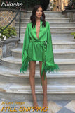 huibahe Deep V Neck Feather Mini Dress Sexy Long Sleeve Elegant Drawstring Green Party Dress Solid Casual Satin Vestidos Female