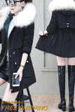 Huibaolu New Winter Coat Women Parka Fashion Long Coats Hoodie Parkas Fur Neckline Warm Chiffon Apron Student Jacket Outerwear