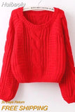 Huibaolu Round Neck Short Casual Basic Loose Soft Acrylic Knitted Women's Sweaters Long Sleeve Bottoming Ladies Pullovers Jumpers