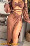 huibaolu Long Sleeve Strapless Hallow Out Tops &amp; Sexy Slit Maxi Skirts Set Women Two Piece Set