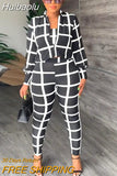 Huibaolu Chic Plaid Women Legging Pants Suit and Long Sleeve Blazer Strapless Crop Top Casual Three 3 Piece Set Outfits Tracksuit