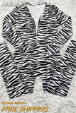 Huibaolu Active Zebra Leopard Long Sleeve Bodycon Button Up Jumpsuit Women Club Party One Piece Overall Romper 2023 Spring winter
