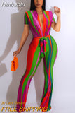 Huibaolu Women Colorful Striped Deep V-neck with Sashes Wide Leg Sexy Party Jumpsuit 2023 Summer Playsui Romper One Piece Suit