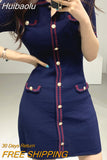 Huibaolu Women Mini Knitted Dress Vintage Metal Buttons High Waist Sheath Pencil Dresses Turn-down Neck Elegant Dress Office Lady N237