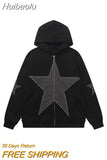 Huibaolu Zip Up Hoodie Jacket Y2K Grunge Vintage Star Patch Punk Gothic Loose Hooded Sweatshirt Coat Harajuku Cotton Streetwear