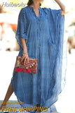 Huibaolu Causal Striped V-neck Button Front Open Summer Beach Dress Blue Tunic Women Plus Size Clothes Maxi Dresses Q1097