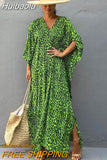 Huibaolu Leopard Self Belted Side Split Summer Beach Dress Long Tunic Women Clothes Plus Size Beachwear Maxi Dress Q1226