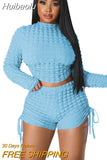 Huibaolu Fall Summer Pink Bodycon Two 2 Piece Sets Womens Outifits Long Sleeve Crop Top Bandage Shorts Matching Sets Female 2023