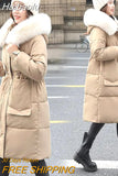 Huibaolu Winter Coat Women Parkas Long Coat Fur Neckline Hooded Jacket Loose Casual Cotton Coats Cushion Warm Puffer Outerwear Female