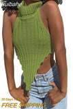 huibahe Knitted Sexy Backless Turtleneck Women Sweaters Green Sleeveless Asymmetrical Tank Tops Women Spring Skinny Fashion Tops