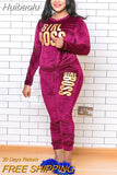 Huibaolu Plus Size XL-5XL Letter Print Velvet Women's Set Sweatshirt Top Jogger Pants Suit Tracksuit Two Piece Set Fitness Outfit