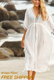 Huibaolu Sexy Hollow Out White Summer Dress Beach Tunic Women Beachwear Long Sleeve Front Open Self Belted Maxi Dresses Q964