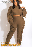 Huibaolu Ribbed Women Two 2 Piece Set Outfits Winter Fall Tassel Long Sleeve Sweaters and Tassel Pants Set Tracksuit Sweatsuit