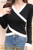 Huibaolu Mujer Black Knitted Crop Top Pullover Sweater Women 2023 Autumn Winter New Long Sleeve Sweaters Slim Elasticity Clothes