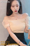 Huibaolu Cropped Tops Women Puff Sleeve Square Collar Mesh Patchwork Summer T-Shirts Elegant Casual Shirts Vintage Korean W655