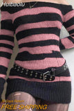 Huibaolu Pink Striped Slim Sweater Dress Fairycore Grunge Slash Neck Sexy Mini Bodycon Dresses Coquette Aesthetic Streetwear New