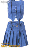 huibahe Summer New Flowers Women Two Piece Sets Blue Spaghetti Strap Tops High Waist Pleated Skirts Female Spicy Girl Skirt Suit