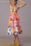 Huibaolu Multicolor Print Spaghetti Strap Beach Holiday High Waist A-line Dress Casual Women's 2023 Summer Split Maxi Dresses A1680