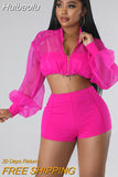 Huibaolu Fashion Women's Set Zipper Fly See Though Oganza Crop Top and Shorts Suit 2023 Street Two 2 Piece Set Outfit Tracksuit