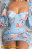 huibaolu Print Lantern Sleeve Bodycon Dress Women Sexy Low Cut Square Neck Skinny Mini Dress