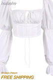 huibahe Chiffon Square Collar Puff Sleeve Women T-shirts White Long Sleeve Lace Up T-shirts Women Summer Casual Fashion Clothes
