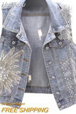 Huibaolu Women's Lace Beaded Denim Vest Denim Vest Fashion Cardigan Sleeveless Top 2023 New Summer Loose Oversized Cardigan Vests