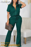 Huibaolu Active Women's Set Zipper Fly Short Sleeve Jacket Top and Flare Pants Suit 2023 Fashion Two 2 Piece Set Outfit Tracksuit