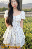 huibaolu Waist Dress Women Summer Floral Sweet Square Collar Puff Sleeve Princess Girlish Tender Elegant Korean Style Preppy Chic