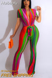 Huibaolu Women Colorful Striped Deep V-neck with Sashes Wide Leg Sexy Party Jumpsuit 2023 Summer Playsui Romper One Piece Suit