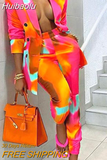 Huibaolu Women Sets Pants Suit Tie Dye Print Full Sleeve Notched Blazer + Pants Suits Two 2 Piece Sets Autumn Office Lady Work