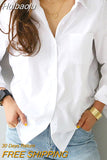 Huibaolu Sleeve Ladies Tops Blouses Office Elegant Button Casual Cotton White Shirt Women Turn-down Collar Loose Blouse Women 3496
