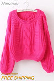 Huibaolu Round Neck Short Casual Basic Loose Soft Acrylic Knitted Women's Sweaters Long Sleeve Bottoming Ladies Pullovers Jumpers