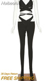 Huibaolu Summer Solid Bodycon 2 Two Pieces Sets For Women 2023 Black Cami Bandage Crop Top And High Waist Pants Set Fashion Female