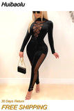 Huibaolu Mesh Patchwork Lace Up Turtleneck Bodycon Elastic Jumpsuit Women Sexy Club Night Party One Piece Overall Romper 2023