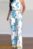 huibaolu Printed Crop Tops &amp; Pockets High Waist Pants Set Women Summer Two Piece Set