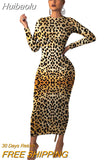 Huibaolu Autumn Women Leopard Print Long Sleeve O-neck Bodycon Midi Maxi Dress Female Club Night Party Long Dresses Vestidos