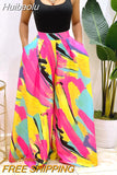 Huibaolu Elegant Women Colorful Striped High Waist Loose Wide Leg Pants 2023 Summer Beach Boho Holiday Casual Trousers