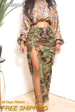 Huibaolu Women Fashion Camouflage Button Waist High Side Slit Slim Maxi Long Skirt 2023 Streetwear Female INS Classic Cargo Skirt