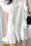 Huibaolu Straight Dress Women Cotton Vintage Summer Party Dress Loose O-Neck Butterfly Sleeve Elegant Dress Cocktail Sexy Club