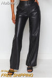 Huibaolu Women Faux Leather Pu Pants Winter Spring Black High Waist Fashion Straight Trousers