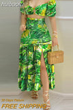 huibaolu Print O-Ring Crop Tops & Frill Hem Shirred Slit Maxi Skirt Set Women Two Piece Set