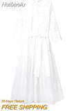 Huibaolu TRAF Women 2023 Chic Fashion With Belt Button-up Midi Shirt Dress Vintage Long Sleeve White embroidery Female Dress