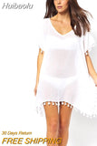 Huibaolu Casual Loose Summer Beach Dress White Cotton Tunic Plus Size Women Beachwear Sexy Hollow Out Mini Party Dress Vestidos Q429