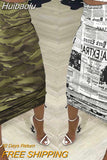 Huibaolu Elastic High Waist Pockeets Shirrint Mid Calf Women Skirts Print Camouflage Newspaper Sheath Skirt Female Summer 2023