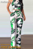 huibaolu Printed Crop Tops &amp; Pockets High Waist Pants Set Women Summer Two Piece Set