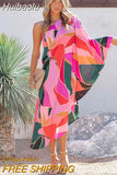 Huibaolu Moroccan Kaftan Sexy One Shoulder Midi Dress Women Summer Clothes Boho Print Street Wear Club Party Dresses A1222