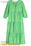 Huibaolu Maxi Dress Women Floral Print Summer Holiday Beach Dress Female Short Puff Sleeve Loose Sundress Green Vestidos Mujer