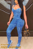 Huibaolu Women Cut Out Fake Jeans Print Jumpsuit Sexy Sleeveless Skinny Active One piece Overall Bodycon Romper Outfit Playsuit