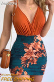 huibaolu Ruched Criss Cross Wrap Bodysuits &amp; Floral Print Skirt Set Summer Women Two Piece Set