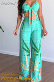 huibaolu Print Backless Spaghetti Strap Cami Tops &amp; High Waist Wide Leg Pants Set Summer Women Two Piece Set